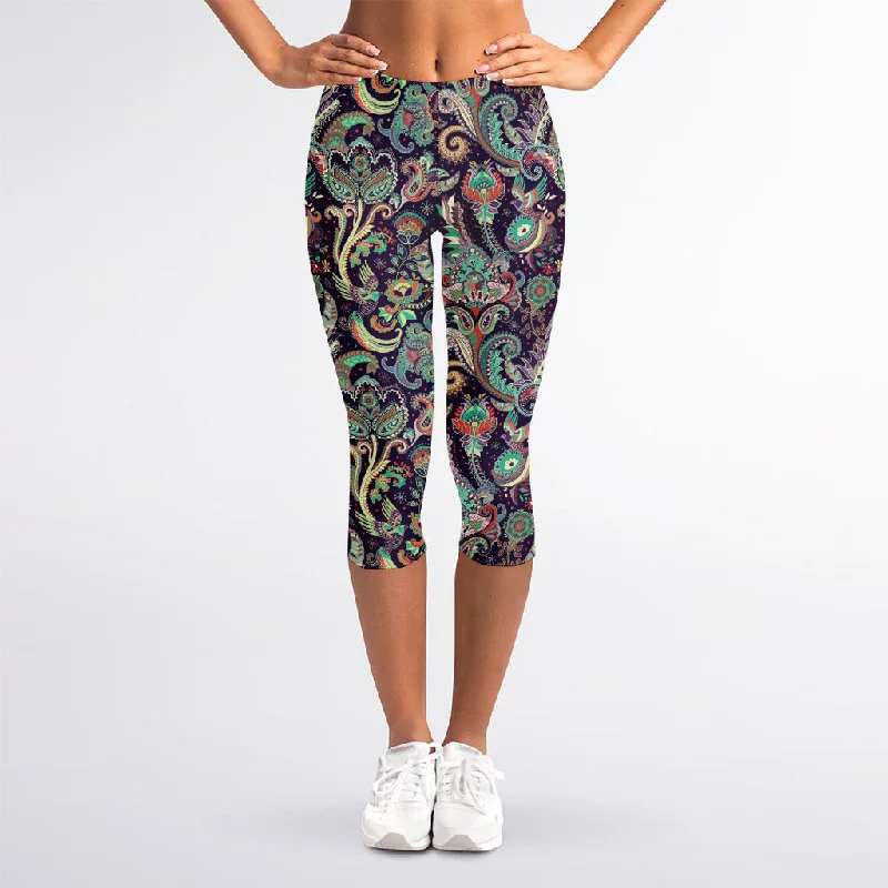 Retro Indian Paisley Pattern Print Women's Capri Leggings