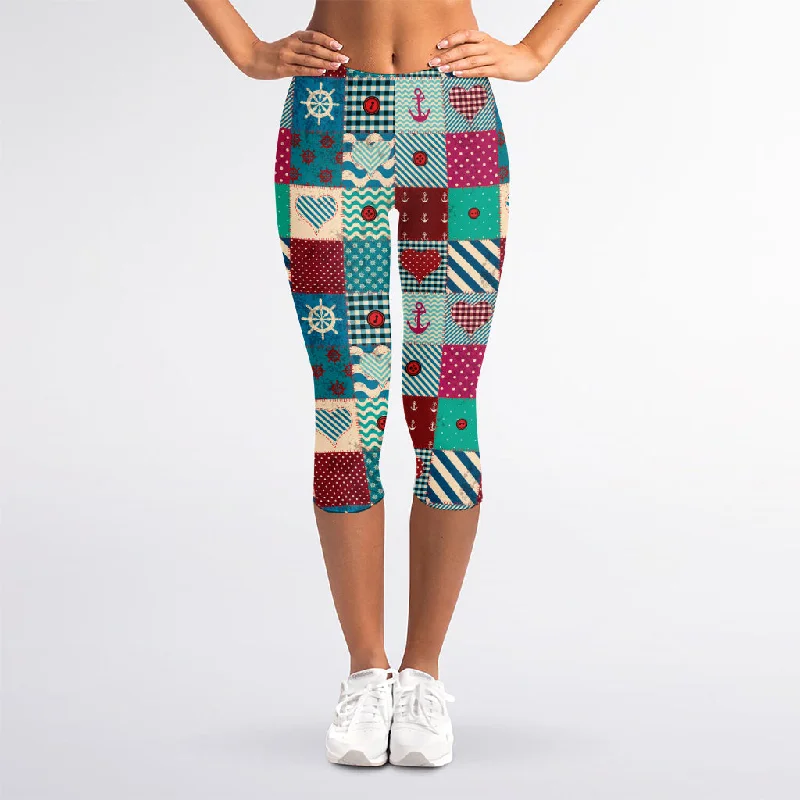 Retro Nautical Patchwork Pattern Print Women's Capri Leggings