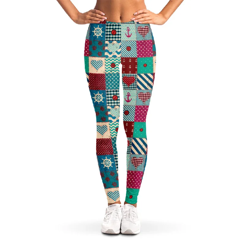 Retro Nautical Patchwork Pattern Print Women's Leggings