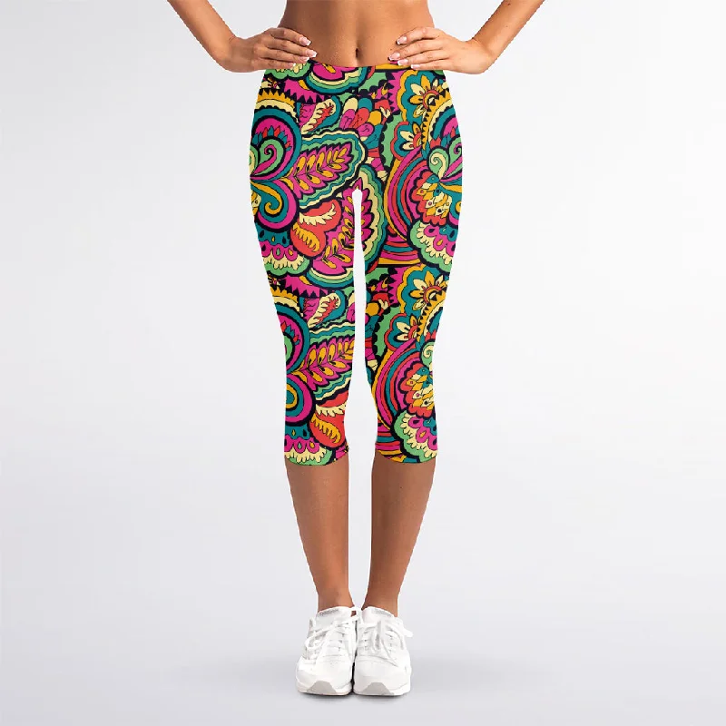 Retro Psychedelic Hippie Pattern Print Women's Capri Leggings