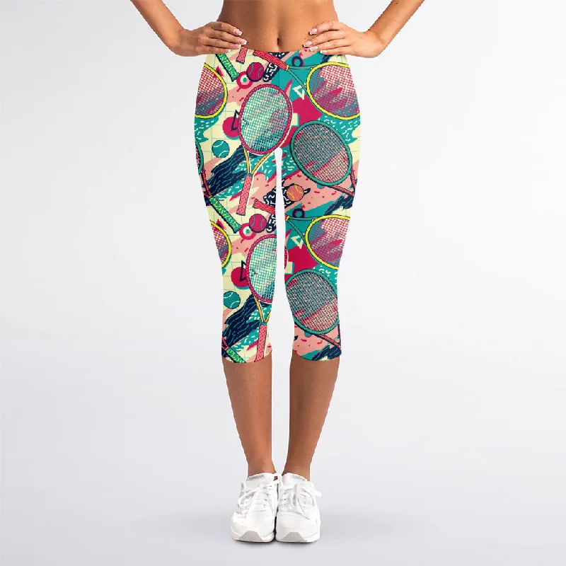 Retro Tennis Pattern Print Women's Capri Leggings