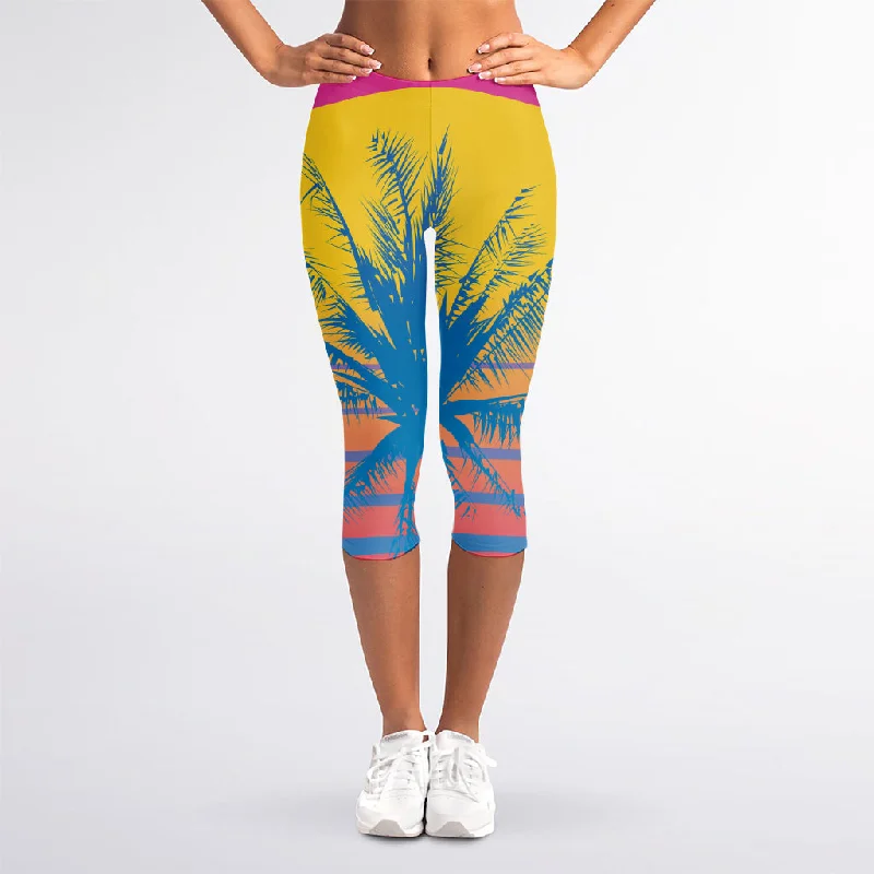 Retrowave Sunset Palm Tree Print Women's Capri Leggings