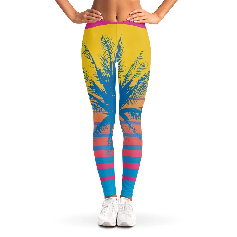 Retrowave Sunset Palm Tree Print Women's Leggings