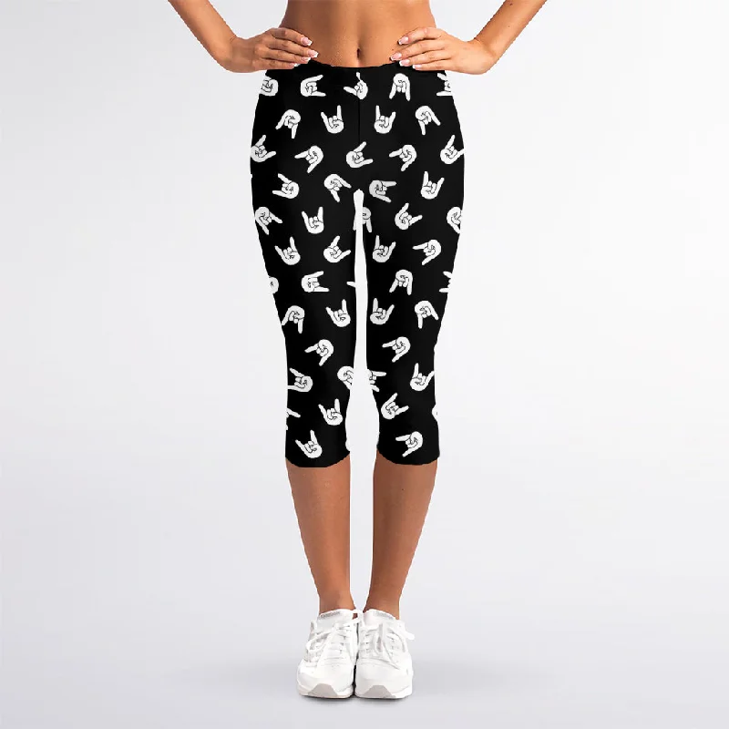 Rock And Roll Hand Sign Pattern Print Women's Capri Leggings