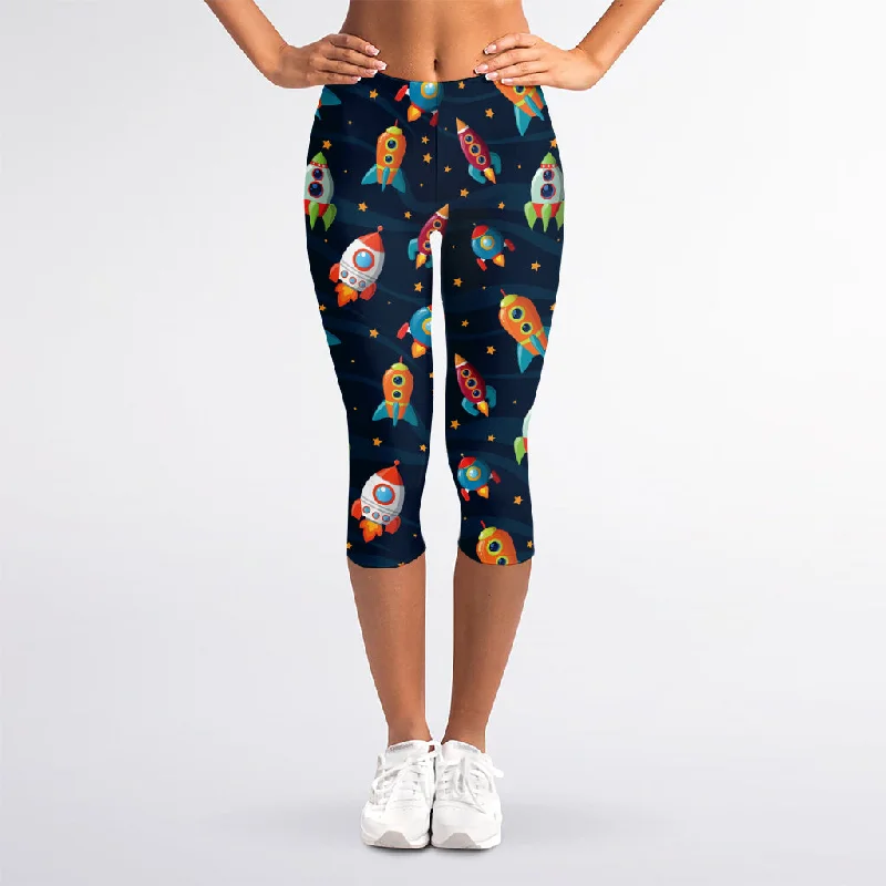 Rockets And Stars Pattern Print Women's Capri Leggings