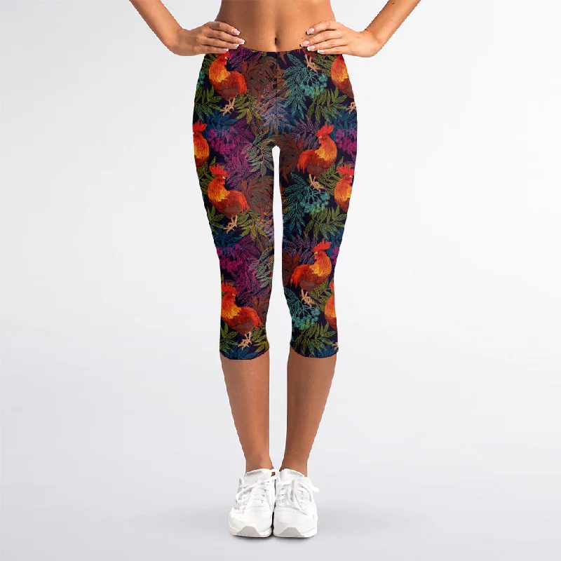 Rooster And Rowan Pattern Print Women's Capri Leggings