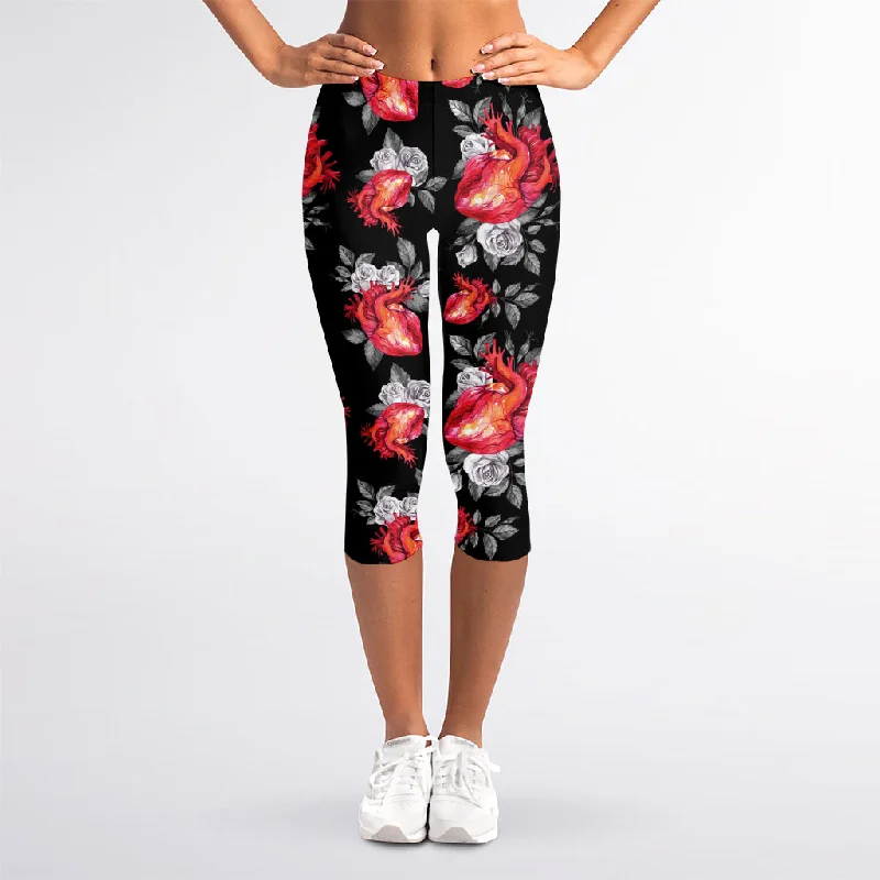 Rose And Heart Pattern Print Women's Capri Leggings