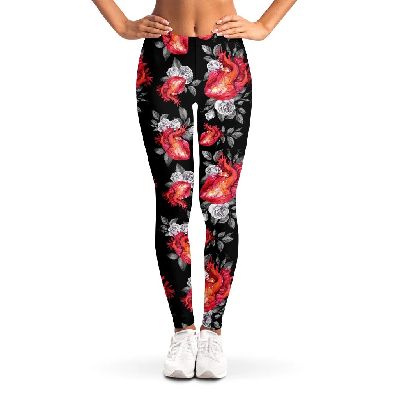 Rose And Heart Pattern Print Women's Leggings