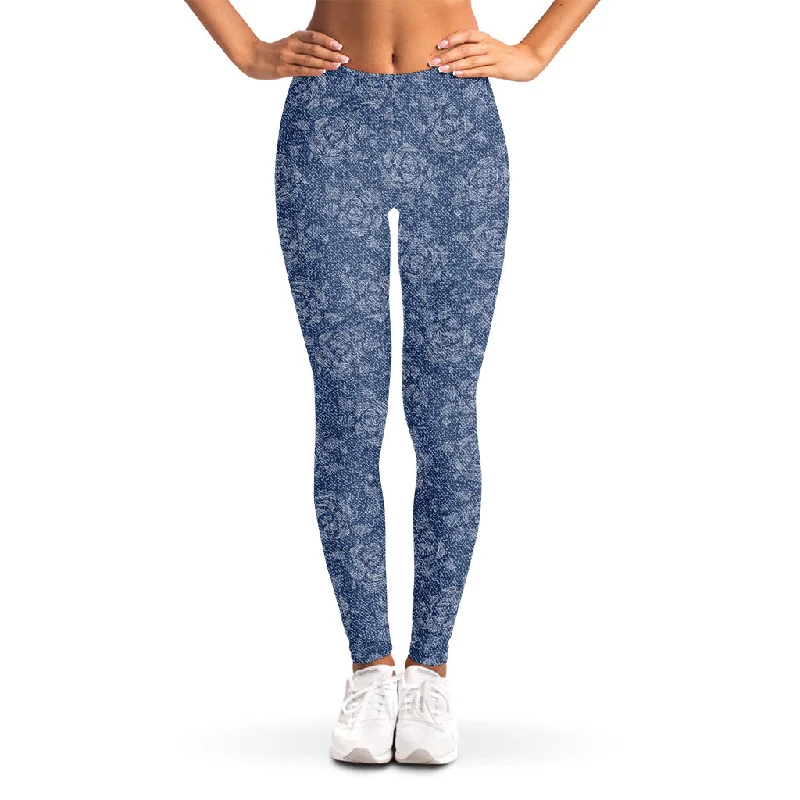 Rose Denim Jeans Pattern Print Women's Leggings