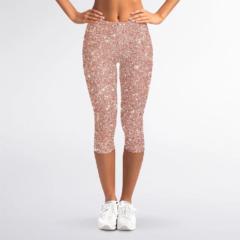 Rose Gold (NOT Real) Glitter Print Women's Capri Leggings