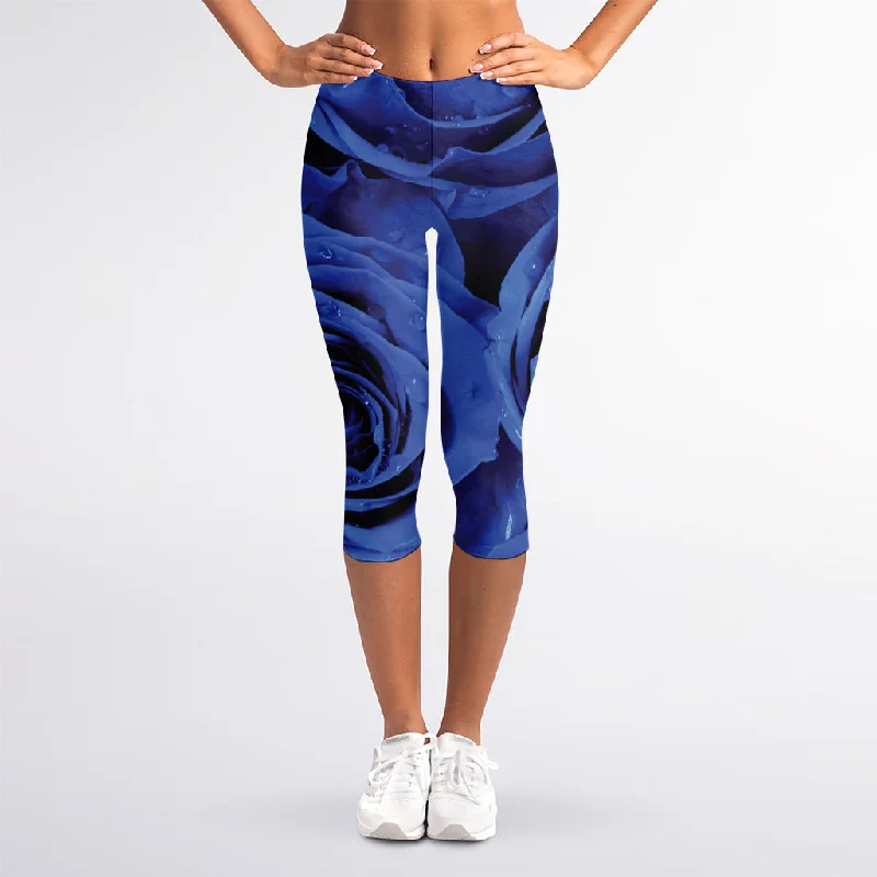 Royal Blue Rose Print Women's Capri Leggings