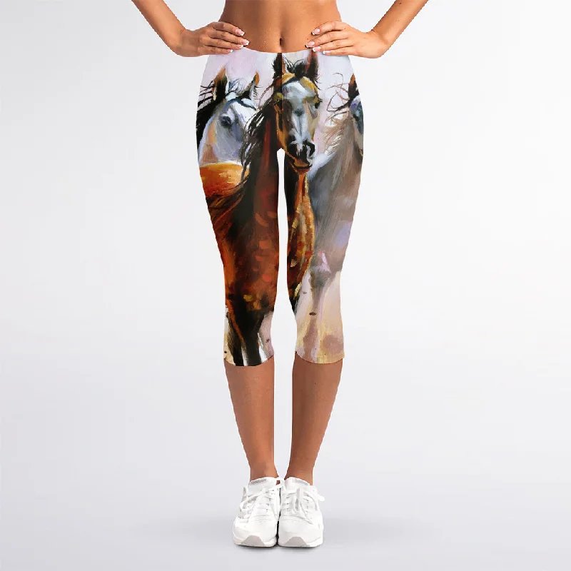 Running Horses Painting Print Women's Capri Leggings