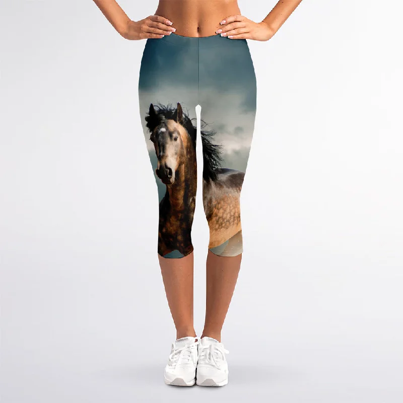 Running Wild Stallion Horse Print Women's Capri Leggings