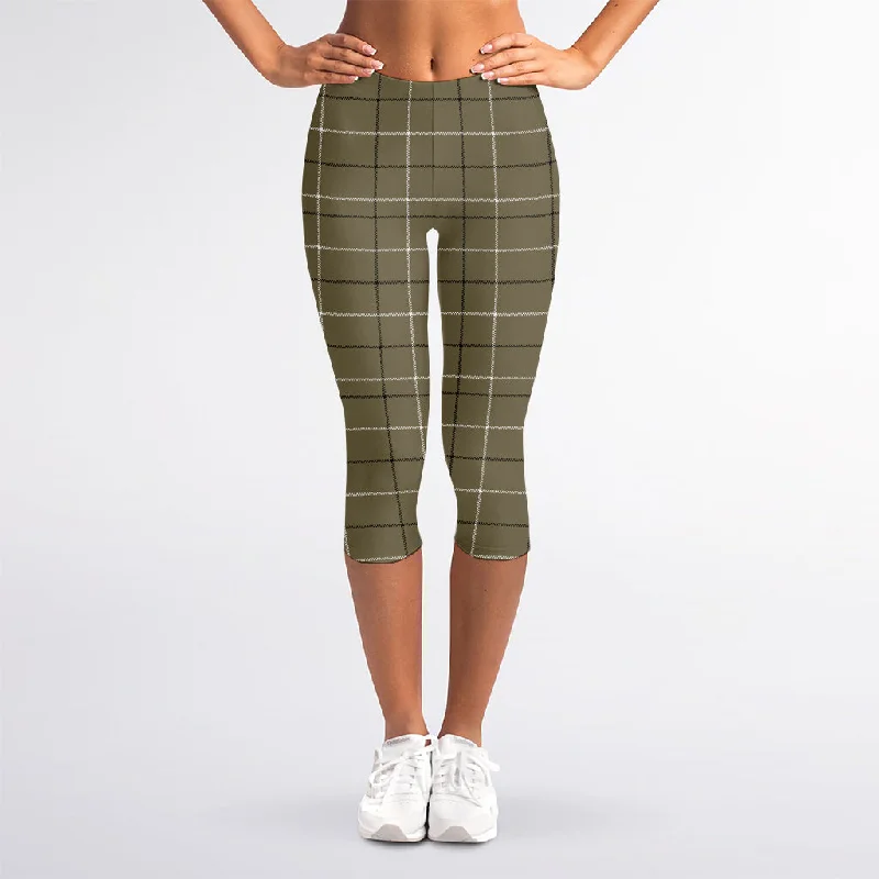 Sage Green Tattersall Pattern Print Women's Capri Leggings