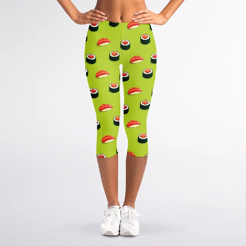 Salmon Sushi And Rolls Pattern Print Women's Capri Leggings