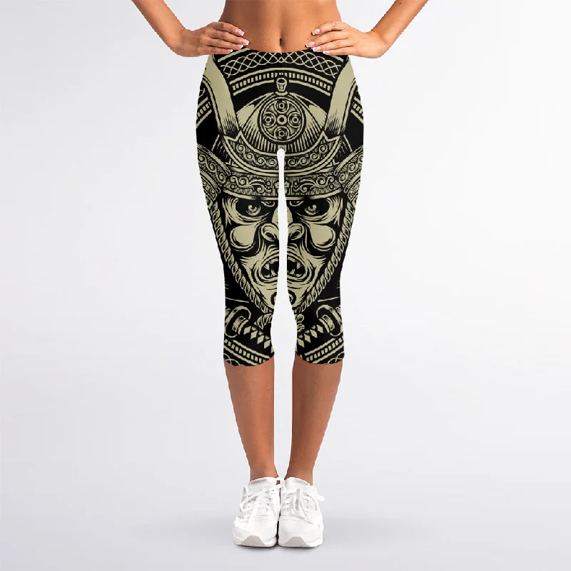 Samurai Warrior Mask Print Women's Capri Leggings