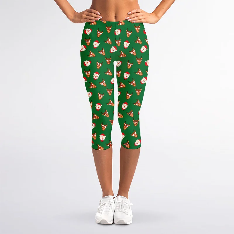 Santa Claus And Reindeer Emoji Print Women's Capri Leggings