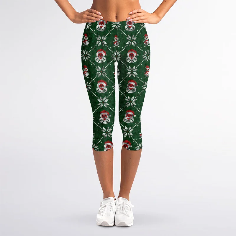 Santa Claus Knitted Pattern Print Women's Capri Leggings