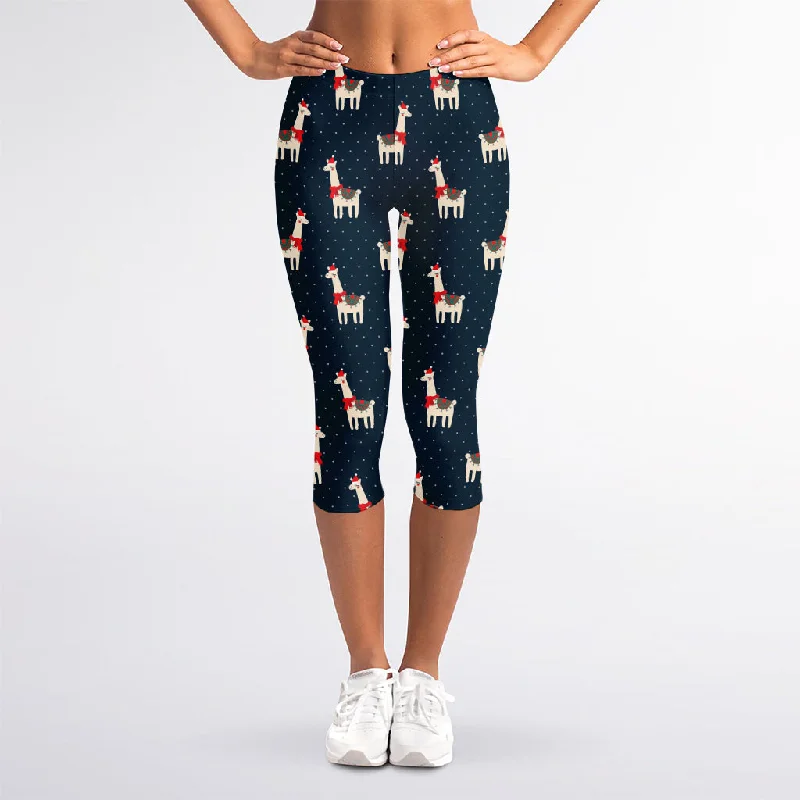 Santa Claus Llama Xmas Pattern Print Women's Capri Leggings