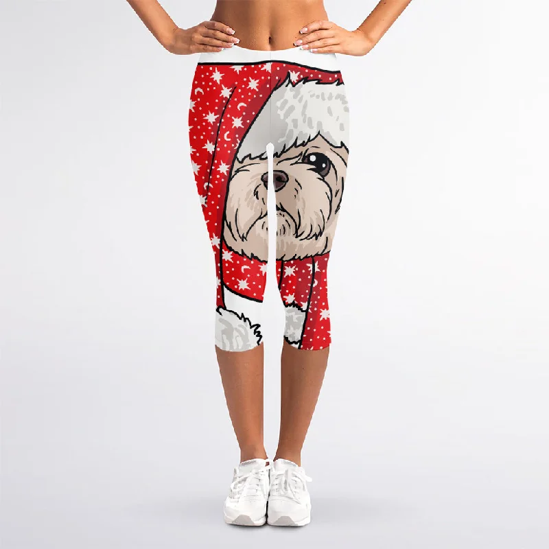 Santa Shih Tzu Print Women's Capri Leggings