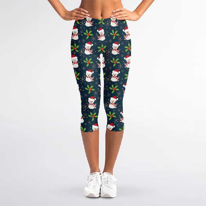 Santa Snowman Pattern Print Women's Capri Leggings