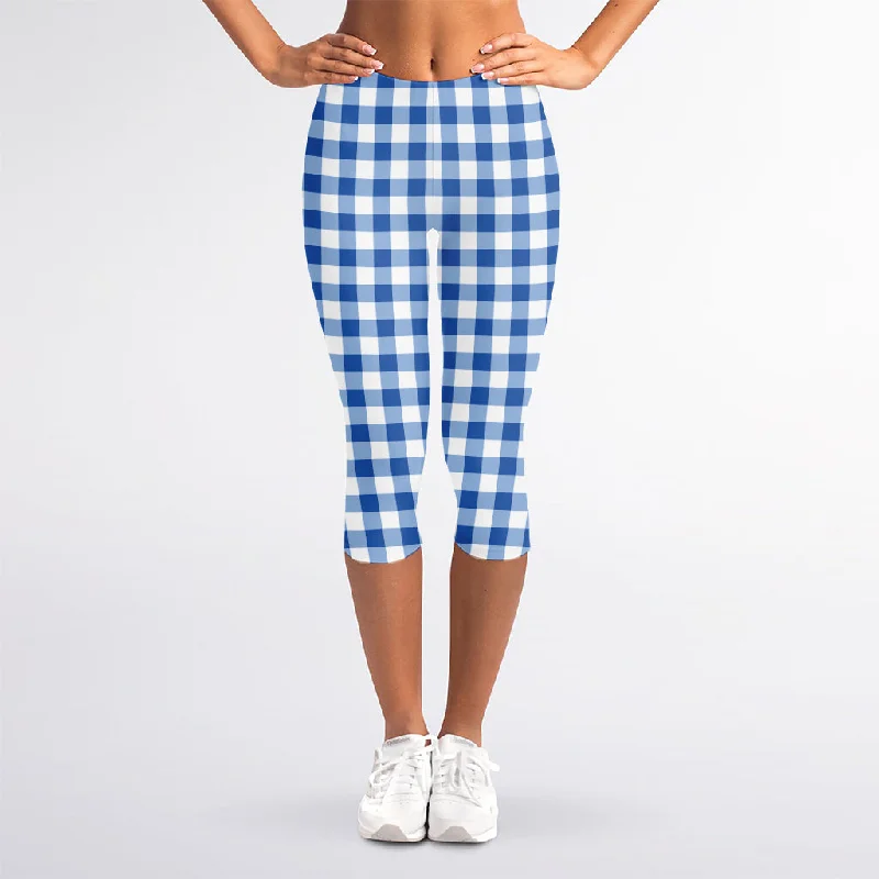 Sapphire Blue Check Pattern Print Women's Capri Leggings