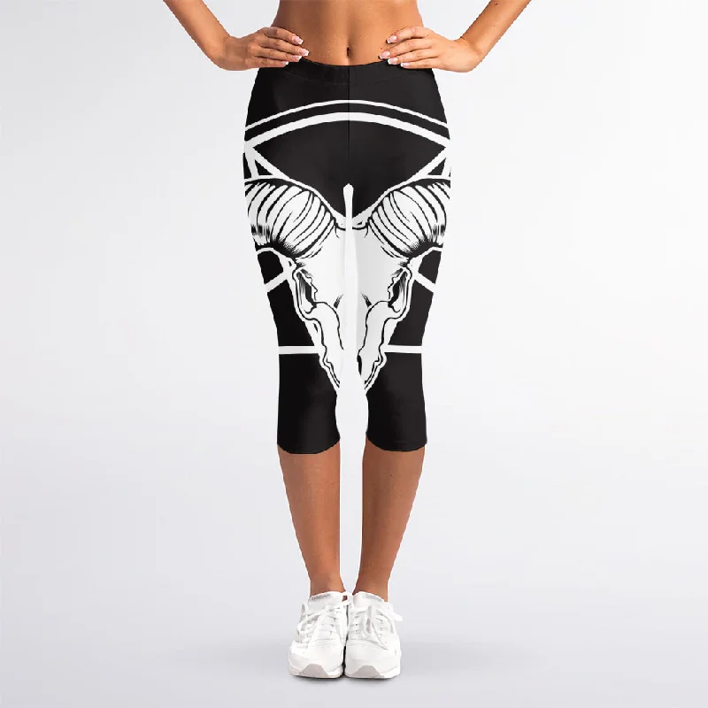 Satan Goat Skull Pentagram Print Women's Capri Leggings