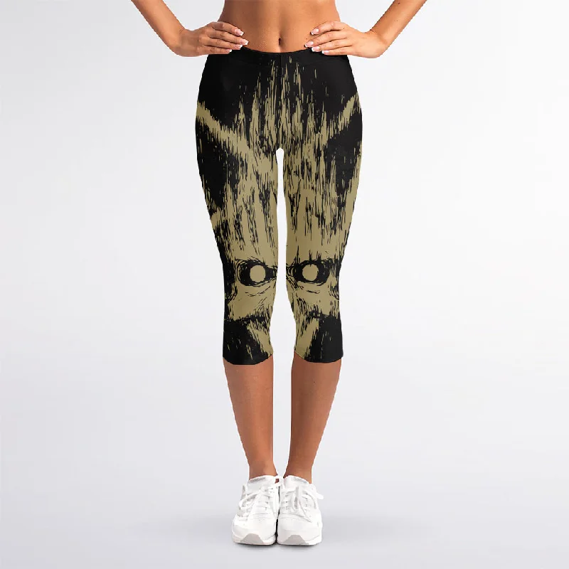 Satanic Pentagram Skull Print Women's Capri Leggings