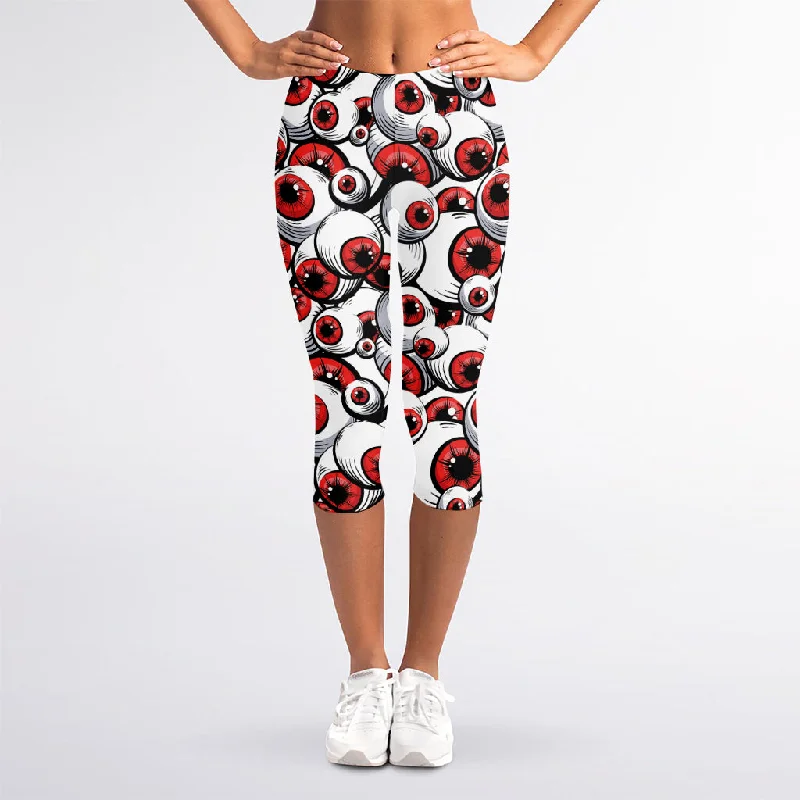 Scary Red Eyeball Pattern Print Women's Capri Leggings