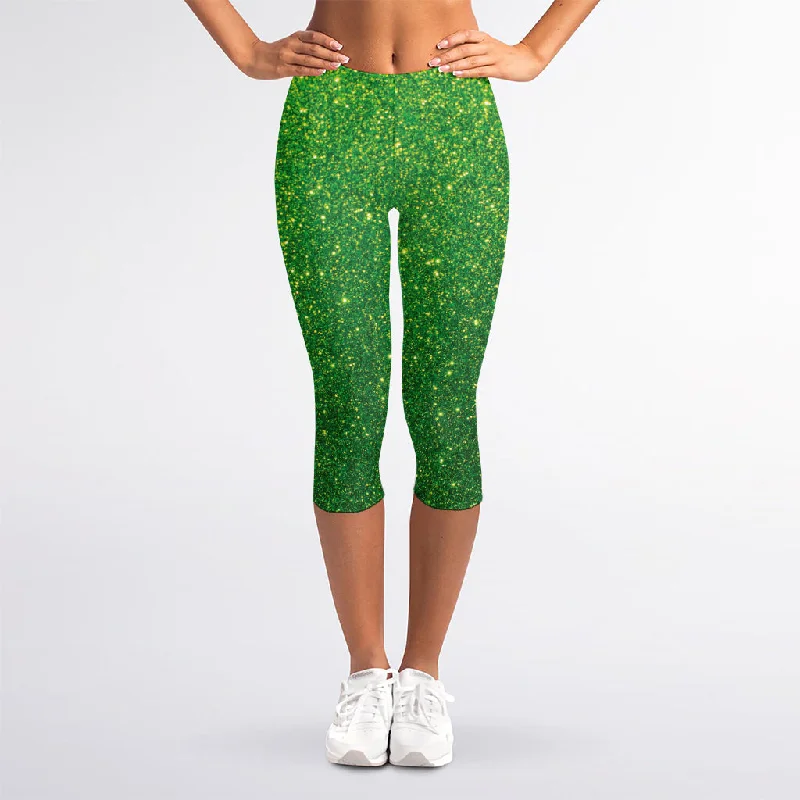 Shamrock Green (NOT Real) Glitter Print Women's Capri Leggings