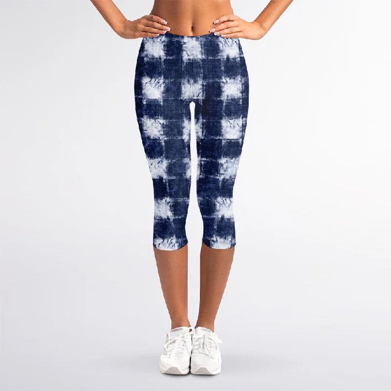 Shibori Grid Pattern Print Women's Capri Leggings