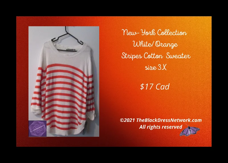 Sweater Top NY Collection Plus 3X Women New White/Orange Stripes Cotton