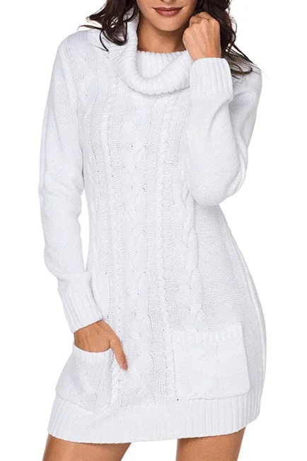 White Cowl Neck Pocket Cable Knit Sweater Dress