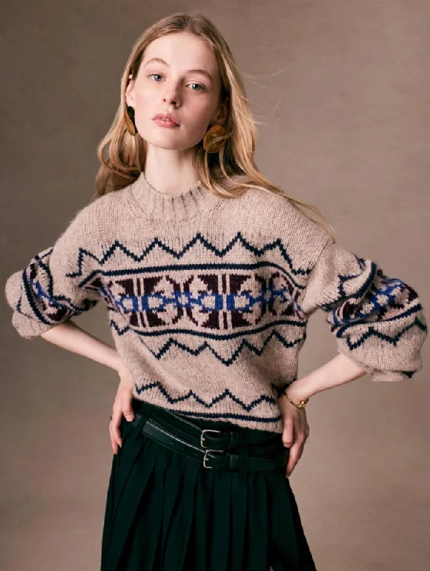 White + Warren - Plush Alpaca Fair Isle Crewneck Sweater in Oat