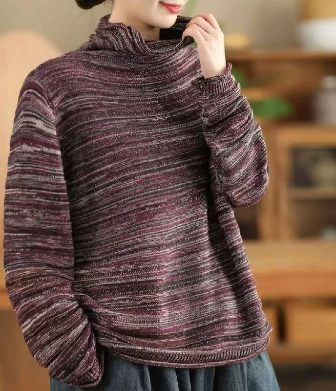 Women Casual Striped Turtleneck Knit Sweater