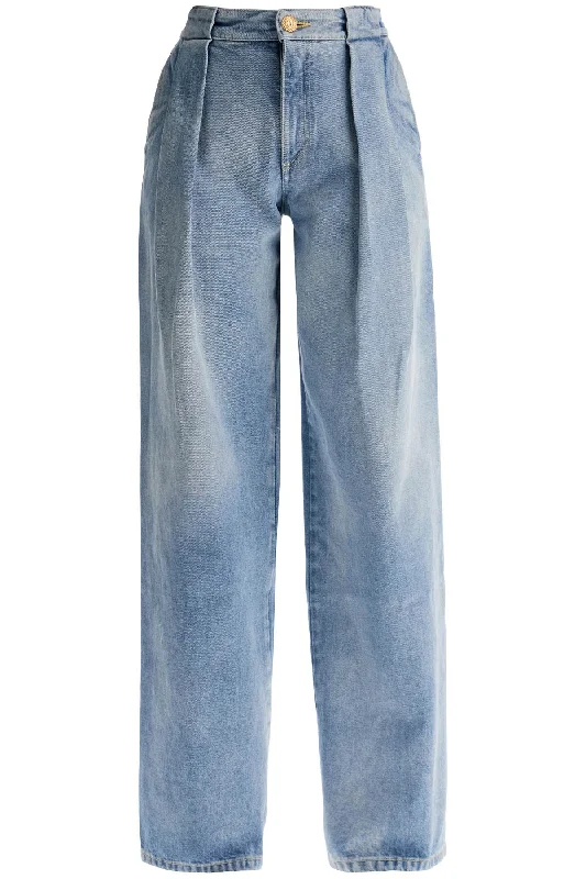 Wide Leg Jeans With Pleats  - Light Blue