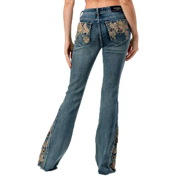 Grace in LA Women's Floral Inset Flare Leg Jeans