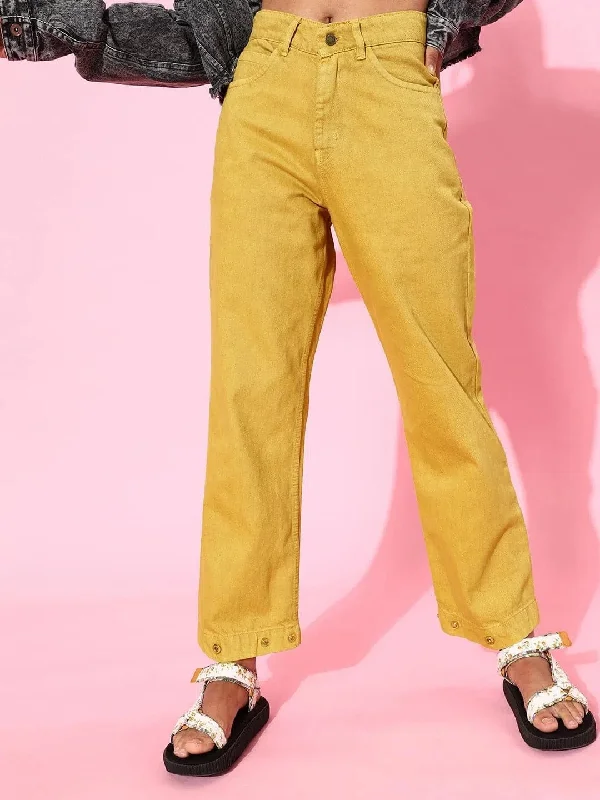 Mustard Button-Hem Slouchy Jeans