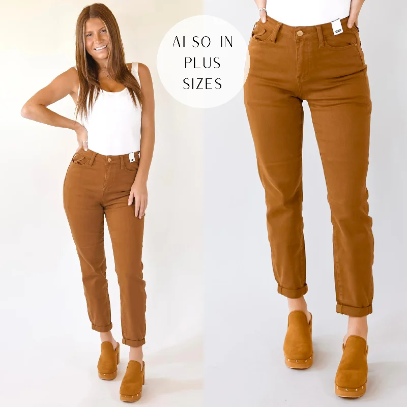 Last Chance Size 0, 1, 3, 15, 20W & 22W | | Judy Blue | Celebrate Everyday Slim Fit Jeans with Cuffed Hem in Brown