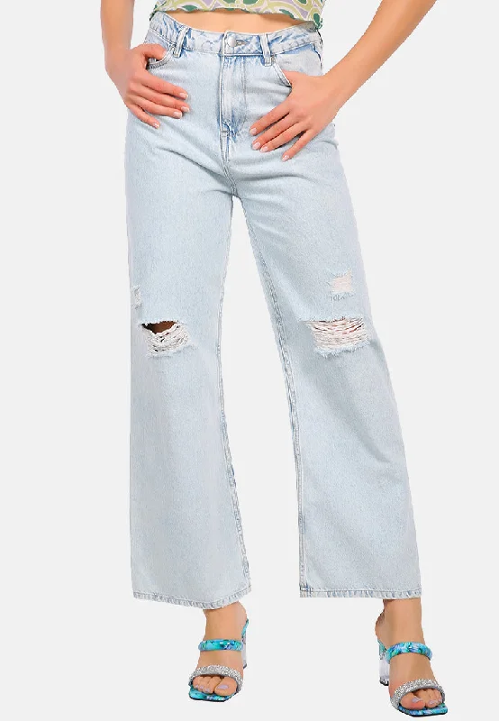 Wide Washed Distressed Jeans Pants